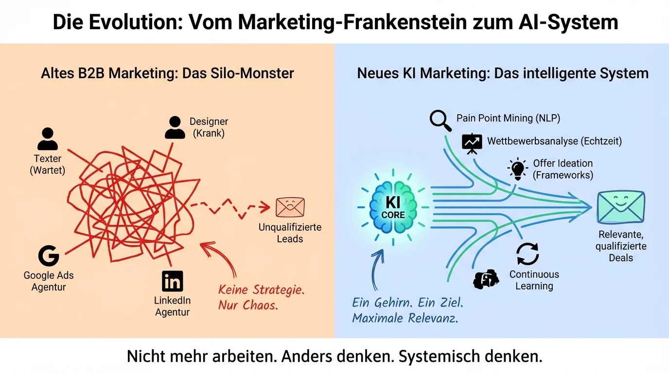 Die Evolution: Vom Marketing-Frankenstein zum AI-System – Vergleich zwischen altem Silo-Marketing und neuem KI-gestützten System